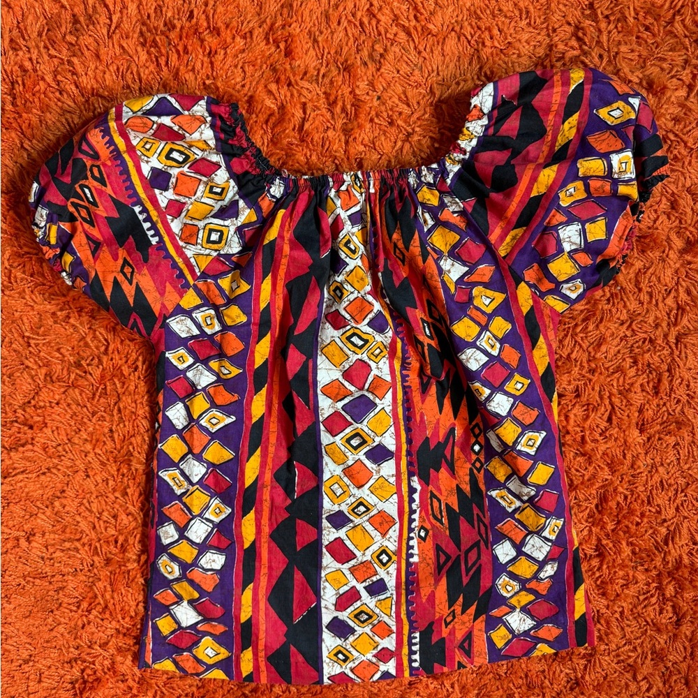 1970s Vintage African Print Off the Shoulder Peasant Style Top
